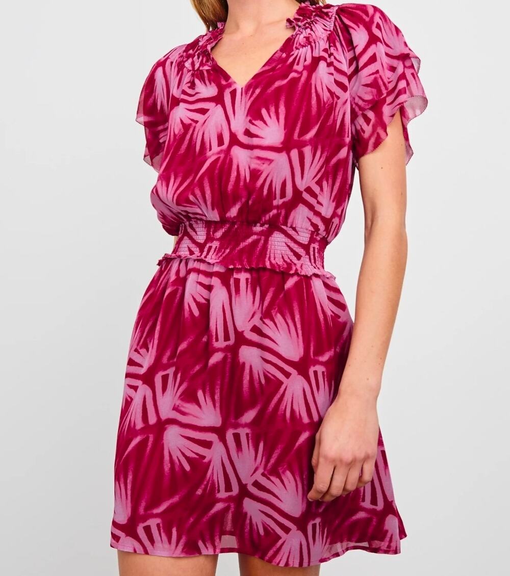 NWT Rails Woman's Fuchsia Terrin Dress Flutter Sleeves Smocked Waist Lined MED